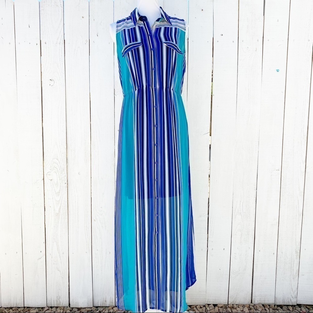 Luxology Maxi Shirt Dress 10 Blue Teal White Striped Sleeveless Button Front